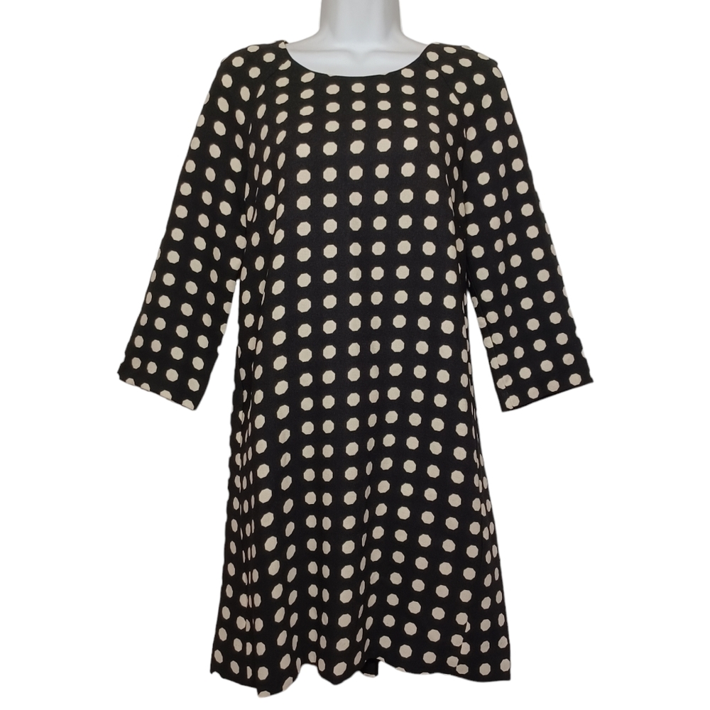 LILI ROSE Cream Tan Octagon Polka Dot Print Shift Black Mini Dress 4 Small NWT